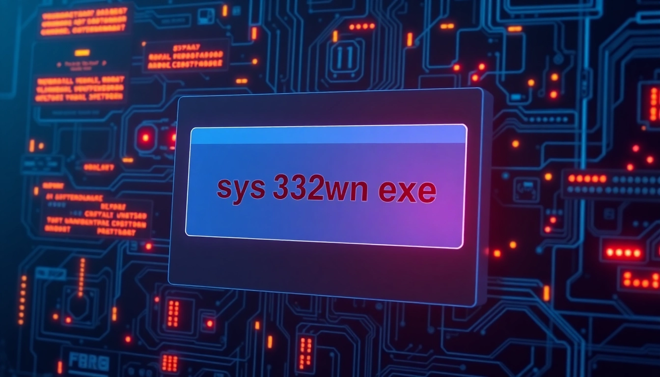 Detailed illustration representing cybersecurity threats related to https://sys32win.com/ with malware and spyware icons on a Windows system interface, emphasizing threat detection and system security.