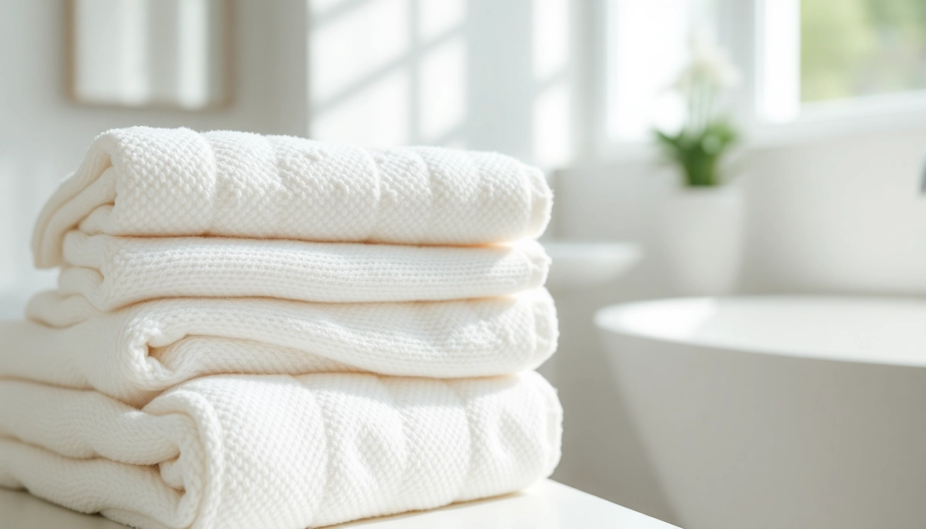 High-quality cotton towels displayed folded on a modern bathroom shelf, showcasing softness and absorbency for a luxe bathing experience.