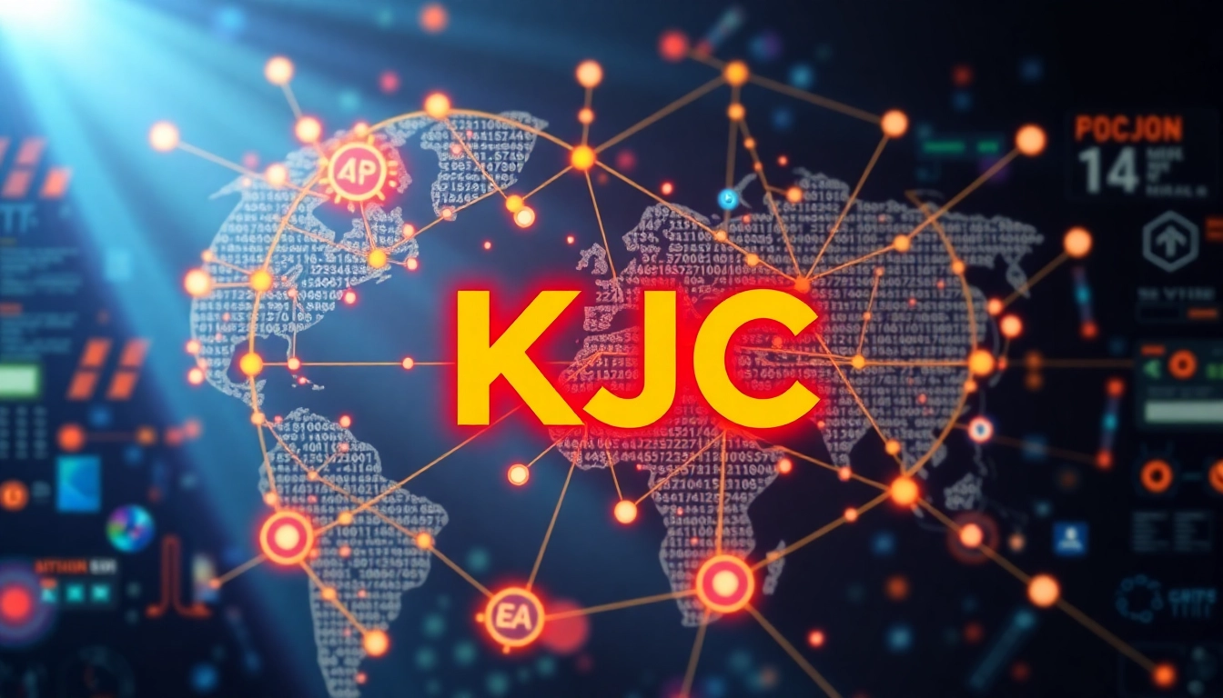 The KJC logo displayed on a sleek digital interface with interconnected global nodes