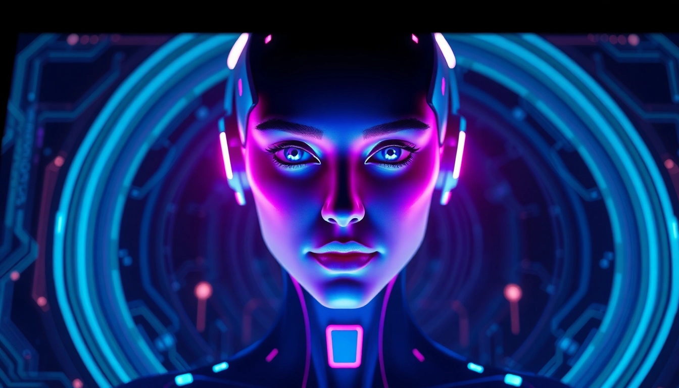 Futuristic AI chatbot interface with neon-lit character on a digital screen