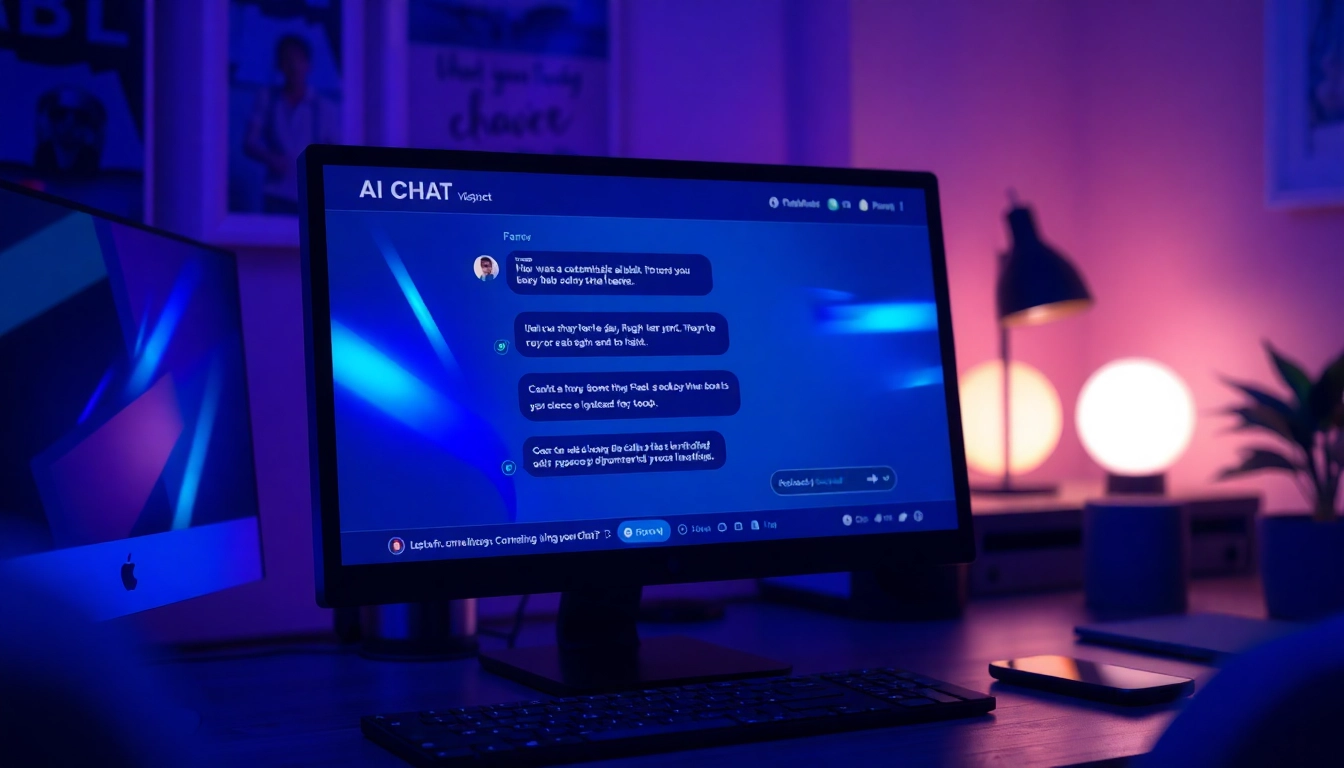 Digital illustration of an AI chat platform on a computer screen with a neon-lit, futuristic interface in a cozy workspace.