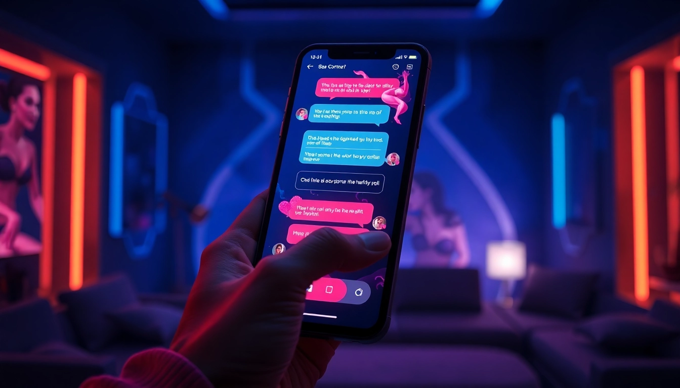 An illustration of a futuristic smartphone with a colorful chat interface displaying adult-themed conversation bubbles and holographic images, set in a dimly lit, neon-accented room.