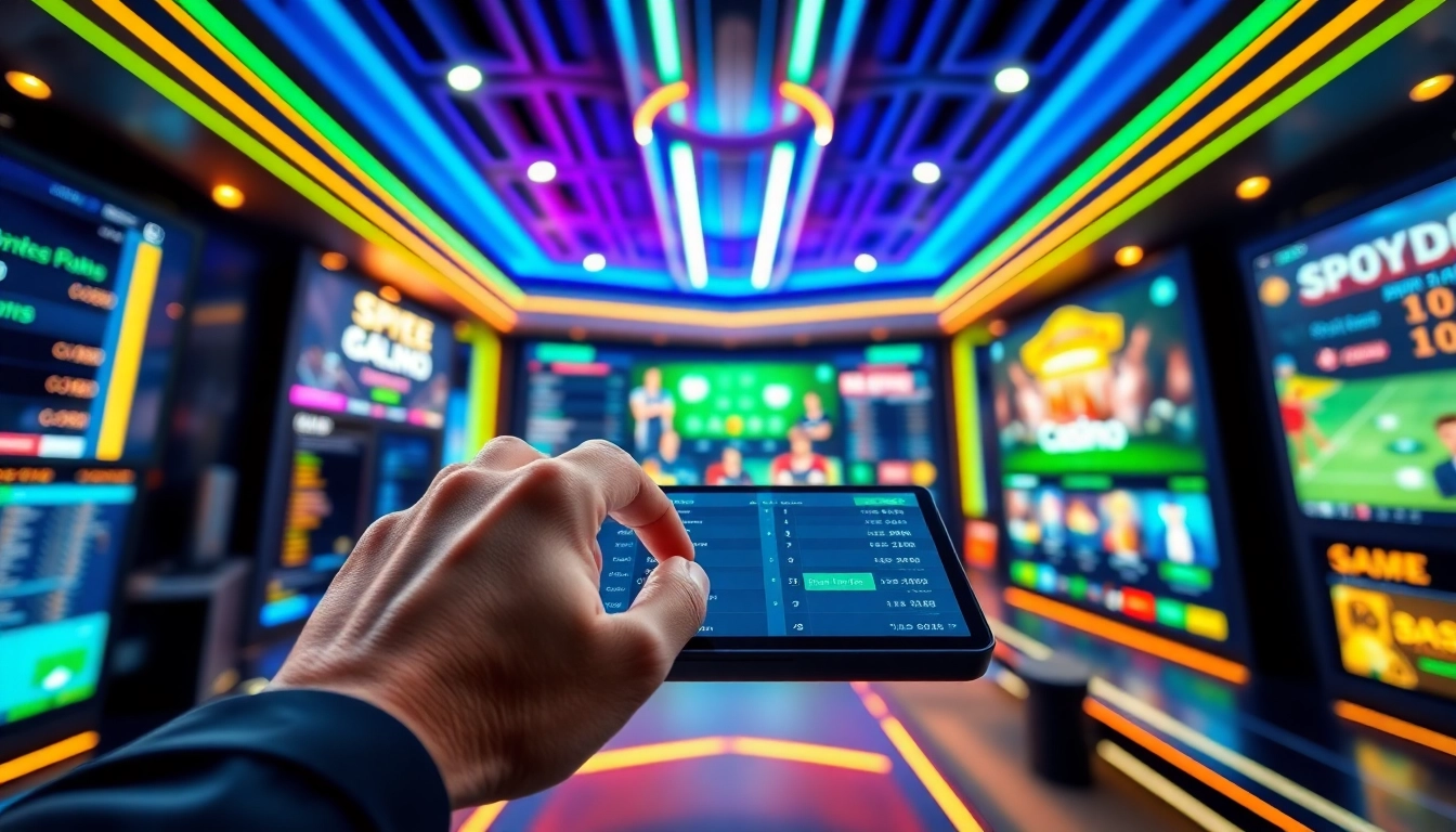 An illustration of a modern online sportsbook and casino interface with neon accents and active betting visuals.