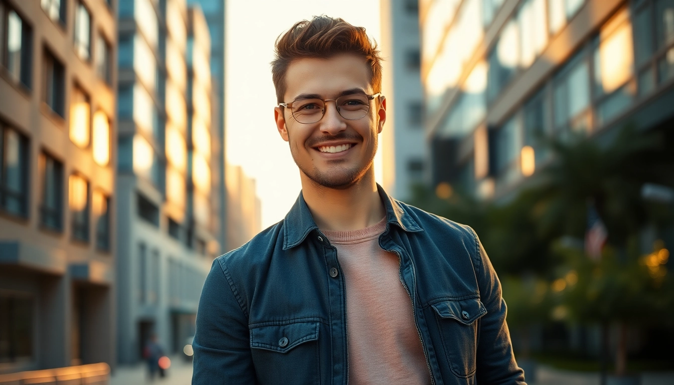 An confident man standing outdoors in an urban setting during golden hour, smiling warmly.