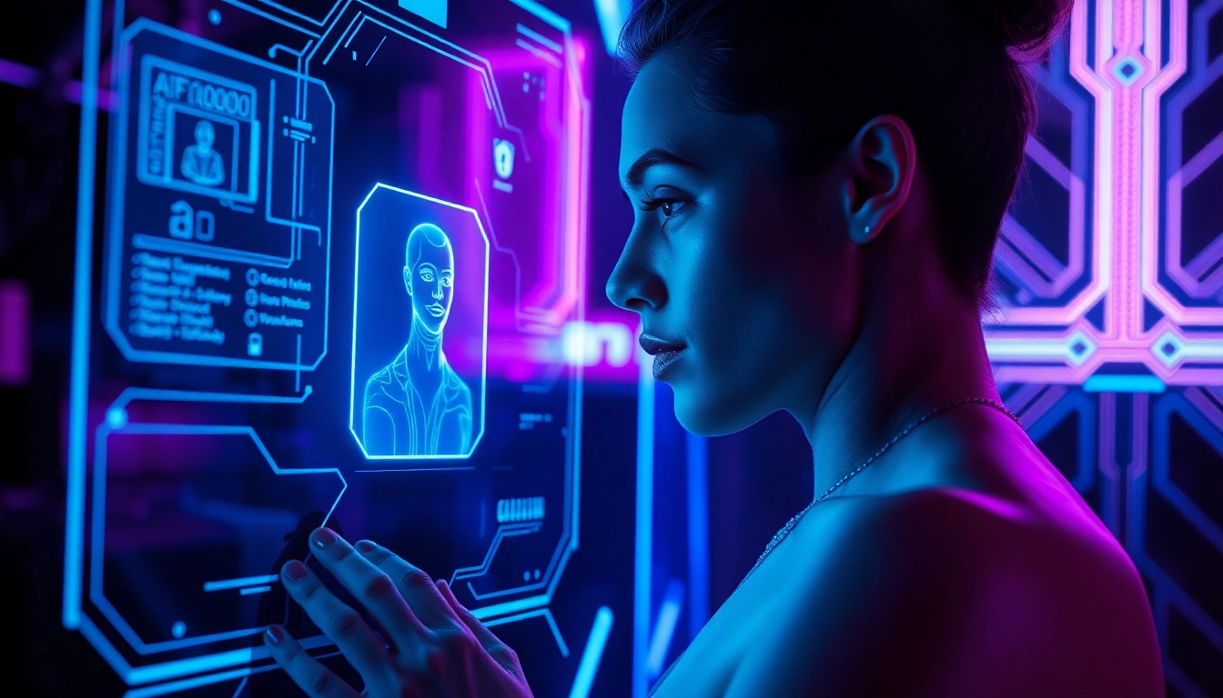 Futuristic scene of a person interacting with a holographic AI character in a neon-lit cyberpunk environment.