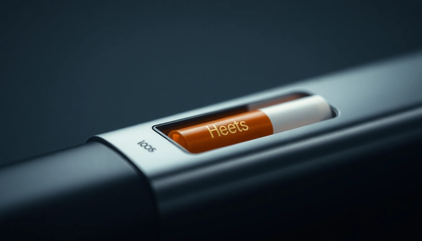Heets sigara being inserted into a modern IQOS device, highlighting the sleek design and tobacco sticks in vibrant colors, for a refined smoking alternative experience.