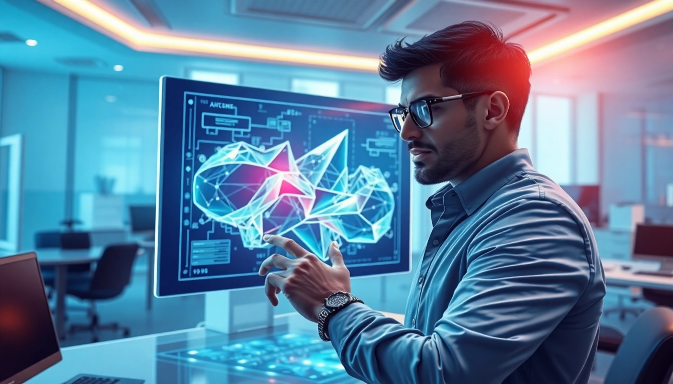 Futuristic workspace with holographic image editing interface and a digital artist interacting with advanced AI technology.