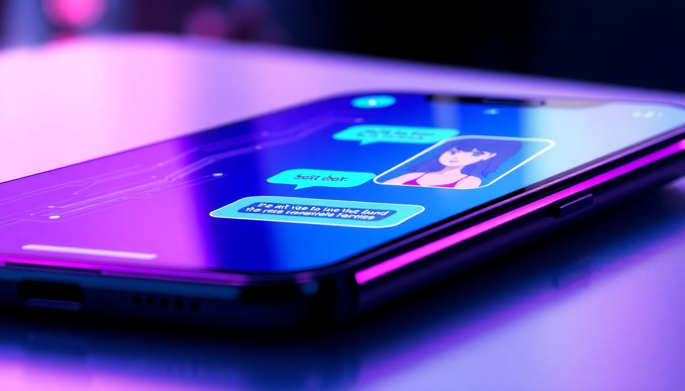 Close-up of a smartphone screen showing a conversation with an attractive AI character in a high-tech environment.