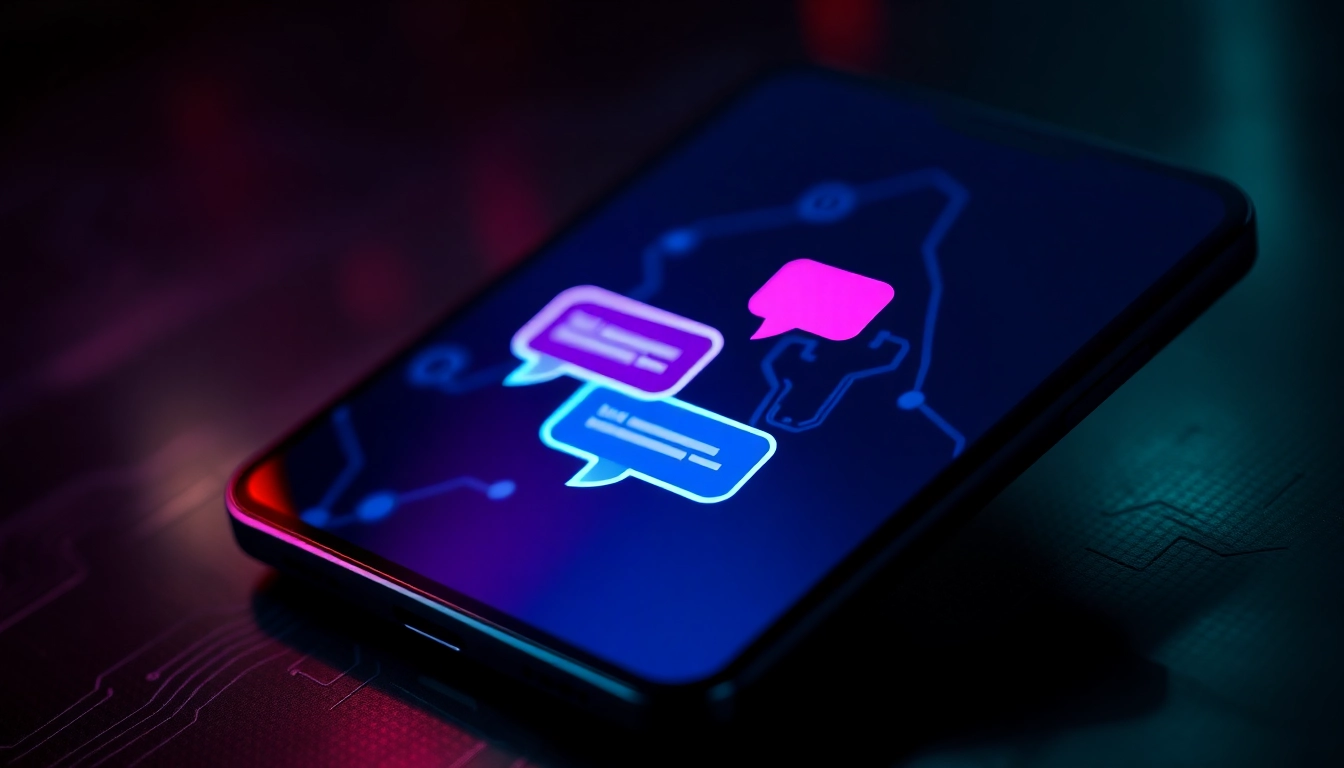 An advanced AI chatbot interface on a smartphone screen with neon chat bubbles in a dark, cyberpunk setting.