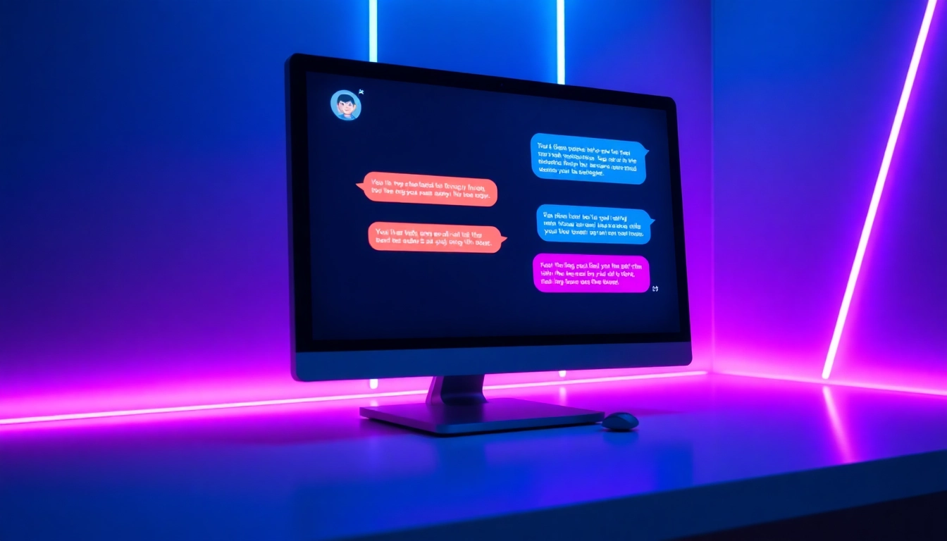 Futuristic digital chat interface with AI character on screen, glowing neon accents, and modern design elements.