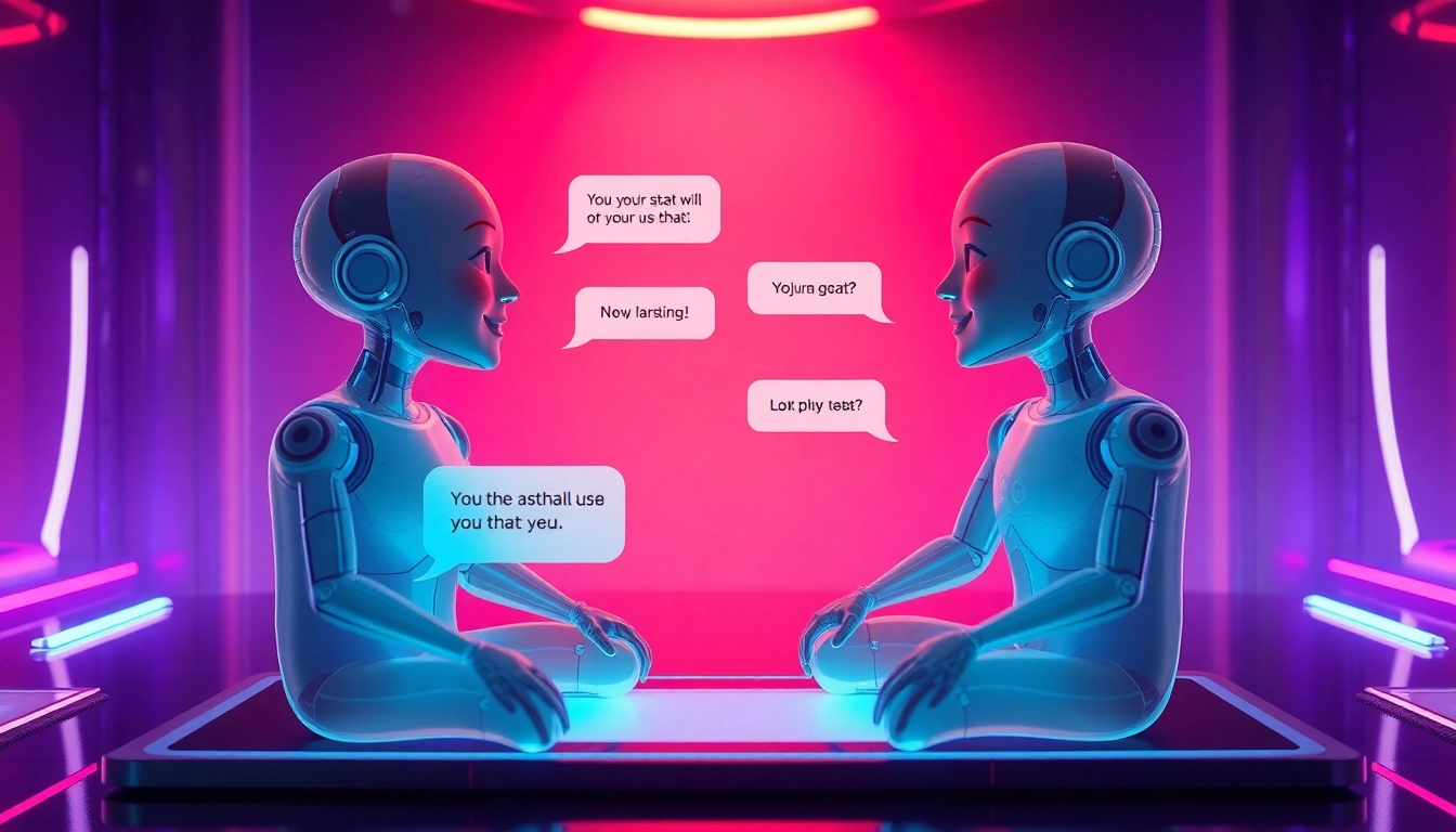 Two holographic AI characters engaging in a spicy chat on a futuristic digital interface with neon accents.