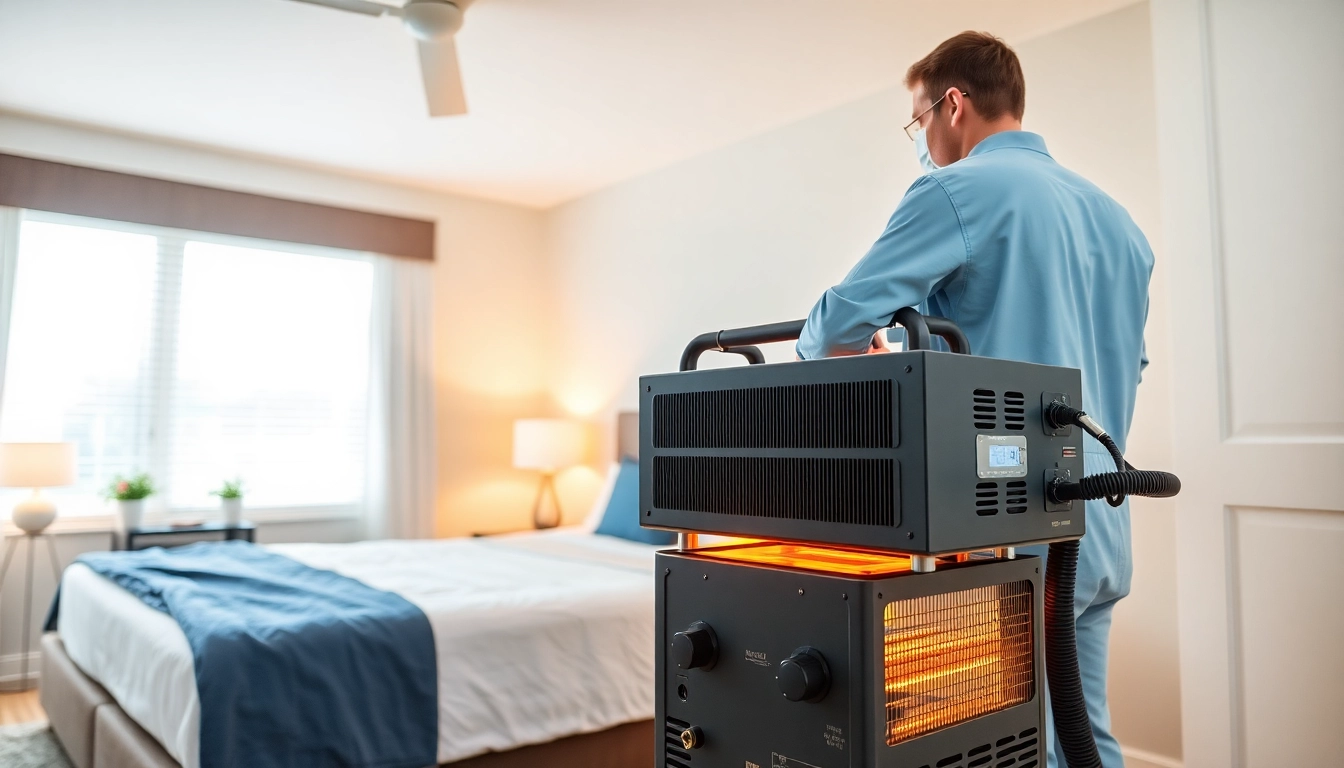 Technician performs professionele bedwantsen bestrijden met warmte in een slaapkamer, veilige techniek zonder chemicaliën.