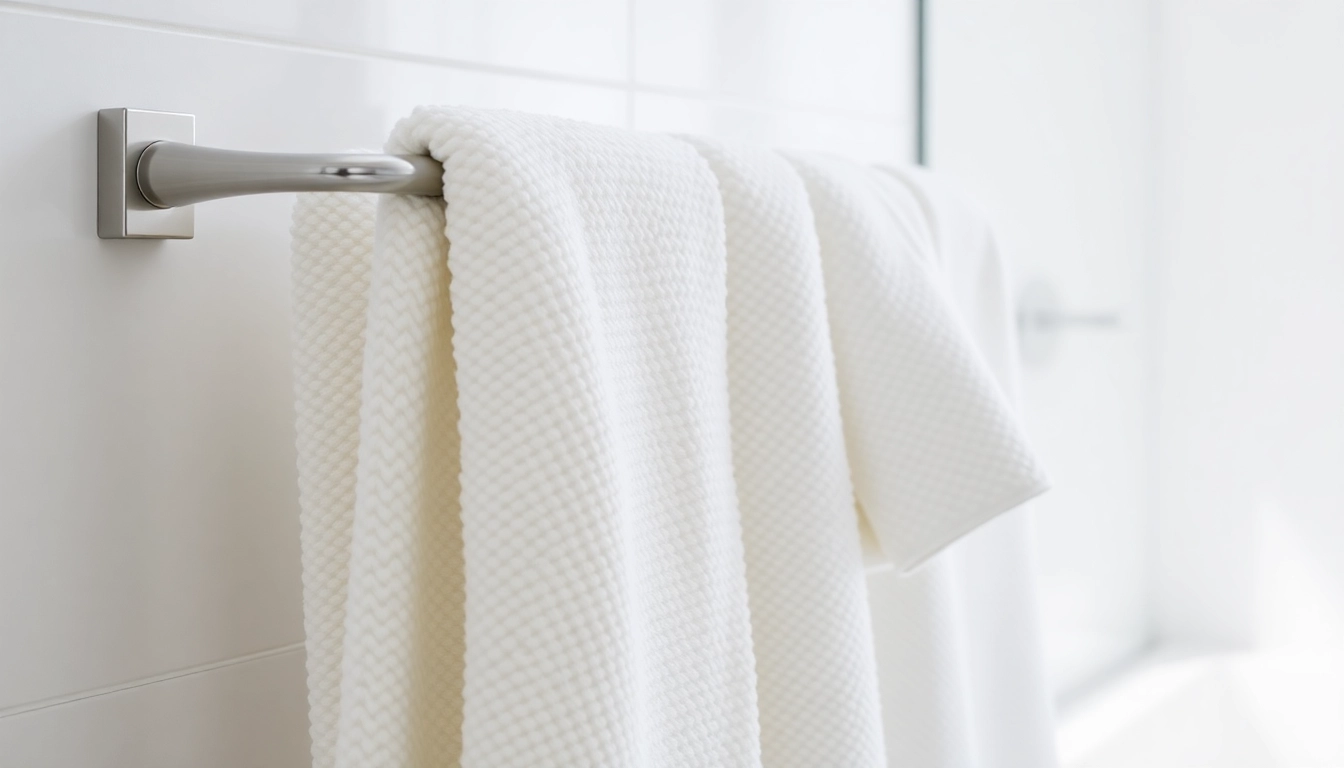 Luxurious cotton towels in a contemporary bathroom setting, emphasizing softness, absorbency, and high-quality fabric, perfect for relaxation.