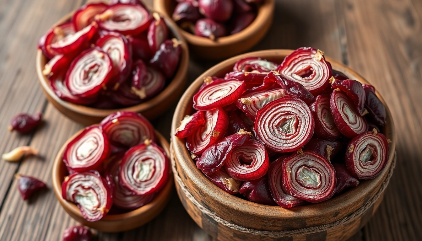 Close-up of colorful dehydrated red onions showcasing rich textures and vibrant red hues for